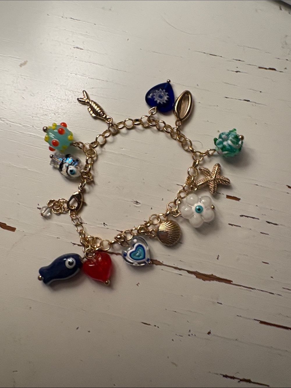 Gold Tone Beach Charm Bracelet with Colorful Glass Beads